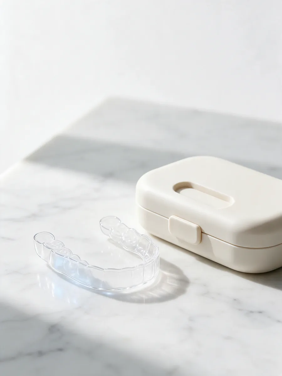 A clear Invisalign aligner tray on a marble surface beside its travel case