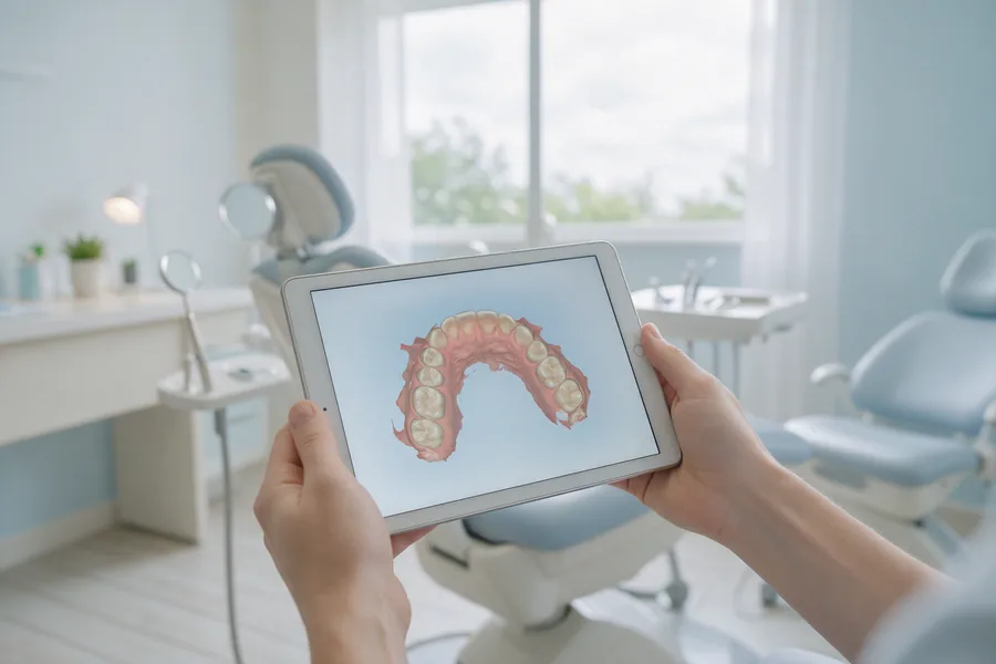 Hands holding a tablet showing a 3D dental scan in a bright consultation room