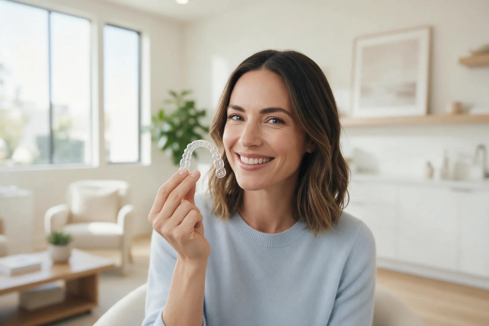 A woman smiling and holding a clear Invisalign aligner in a bright Beverly Hills dental studio